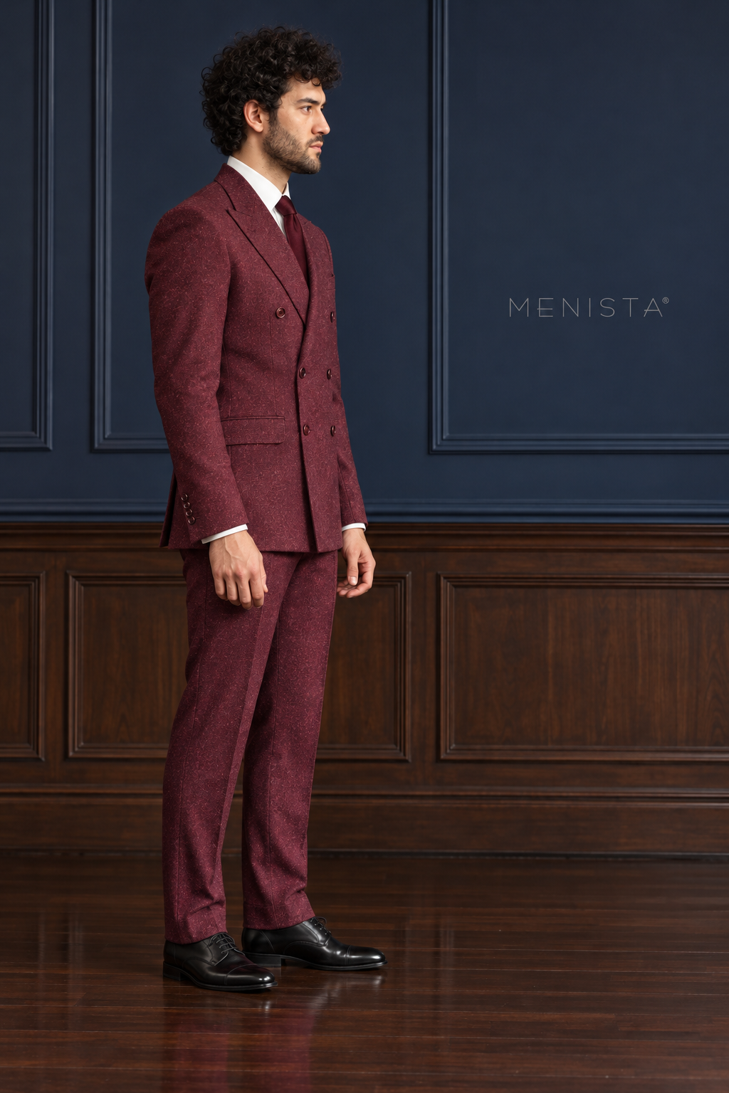 Bramwell Burgundy Flannel 100% Wool Double-Breasted 2PC Suit: side and three-quarter view.