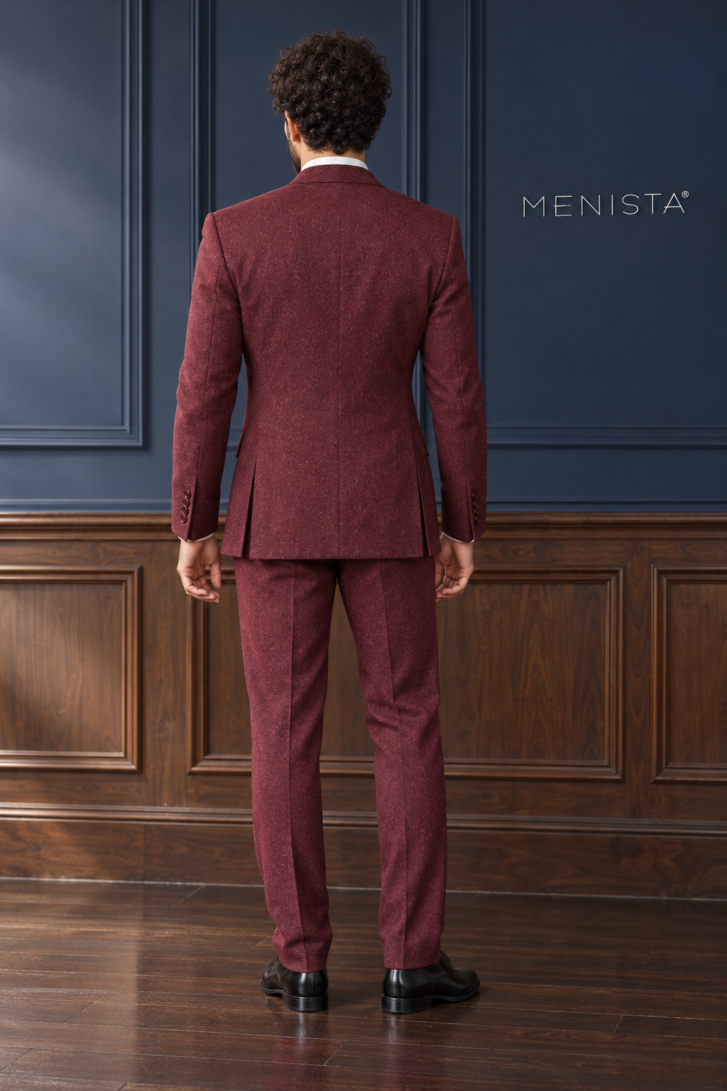 Bramwell Burgundy Flannel 100% Wool Double-Breasted 2PC Suit: full-body back view with double rear vents.