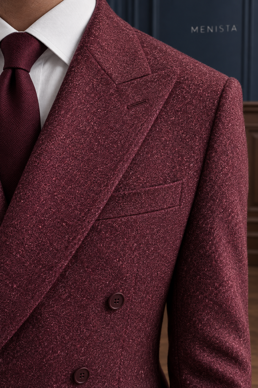 Bramwell Burgundy Flannel 100% Wool Double-Breasted 2PC Suit: tight garment close-up without the face.