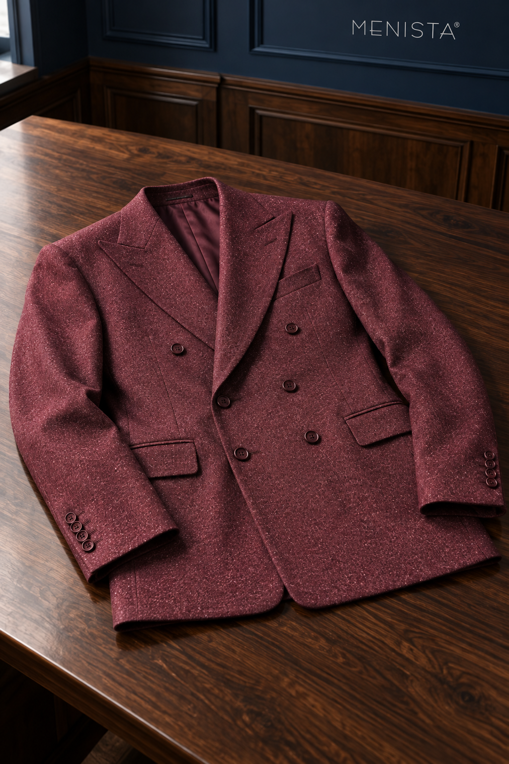 Bramwell Burgundy Flannel 100% Wool Double-Breasted 2PC Suit: jacket-only still life fully supported on a broad flat table.