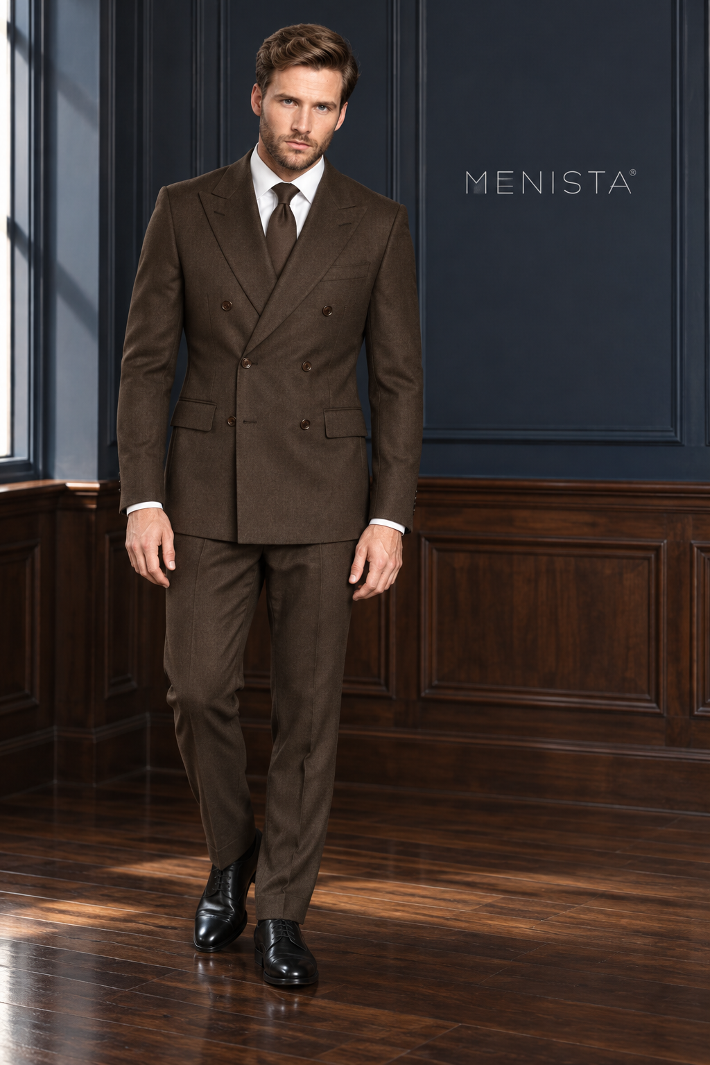 Fenwick Walnut Brown 100% Merino Wool Flannel Double-Breasted 2PC Suit: full-body front view.