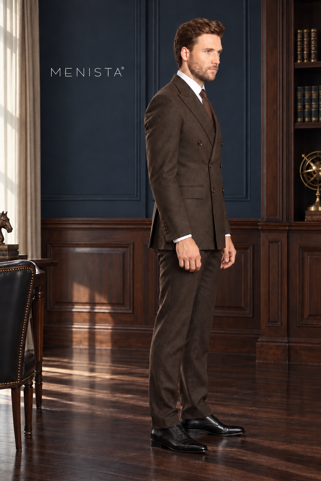 Fenwick Walnut Brown 100% Merino Wool Flannel Double-Breasted 2PC Suit: side and three-quarter view.