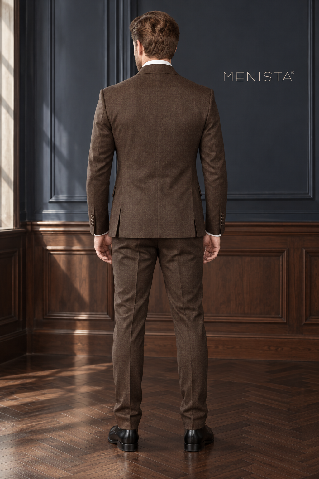 Fenwick Walnut Brown 100% Merino Wool Flannel Double-Breasted 2PC Suit: full-body back view with double rear vents.