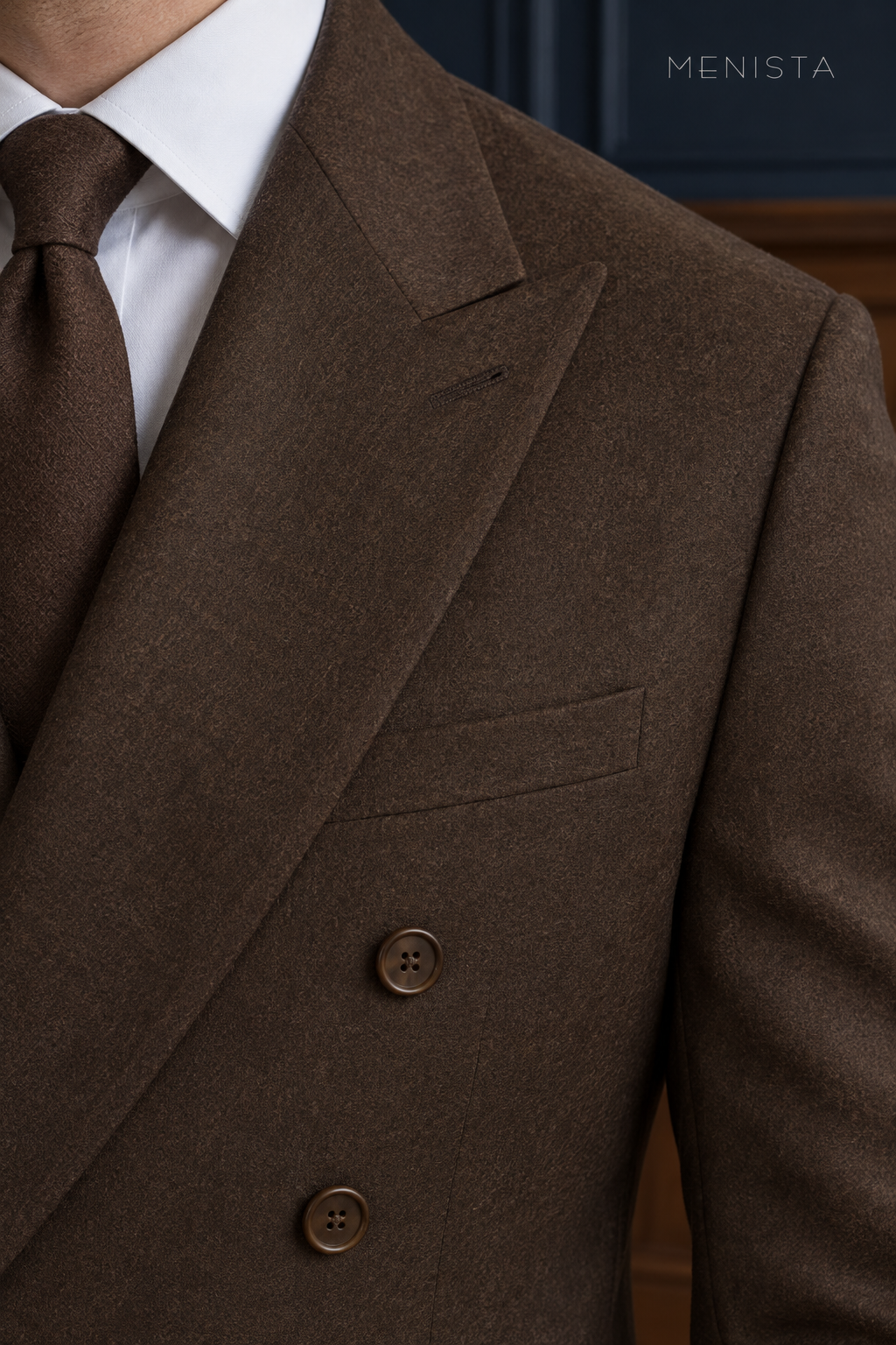 Fenwick Walnut Brown 100% Merino Wool Flannel Double-Breasted 2PC Suit: tight garment close-up without the face.