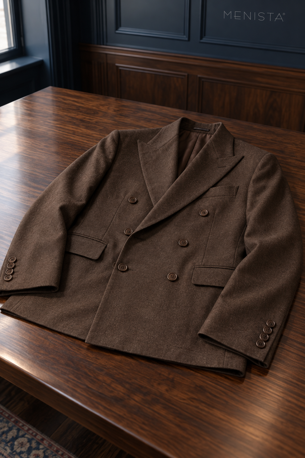 Fenwick Walnut Brown 100% Merino Wool Flannel Double-Breasted 2PC Suit: jacket-only still life fully supported on a broad flat table.