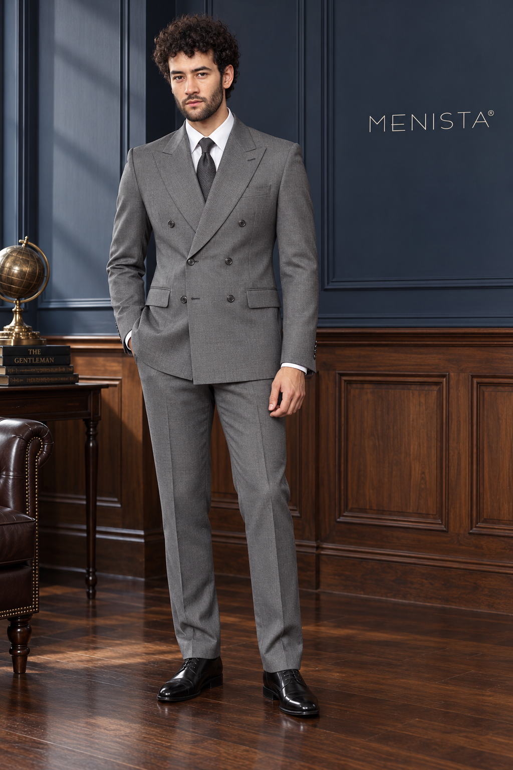 Mercer Steel Grey Pure Wool Worsted Double-Breasted 2PC Suit: full-body front view.