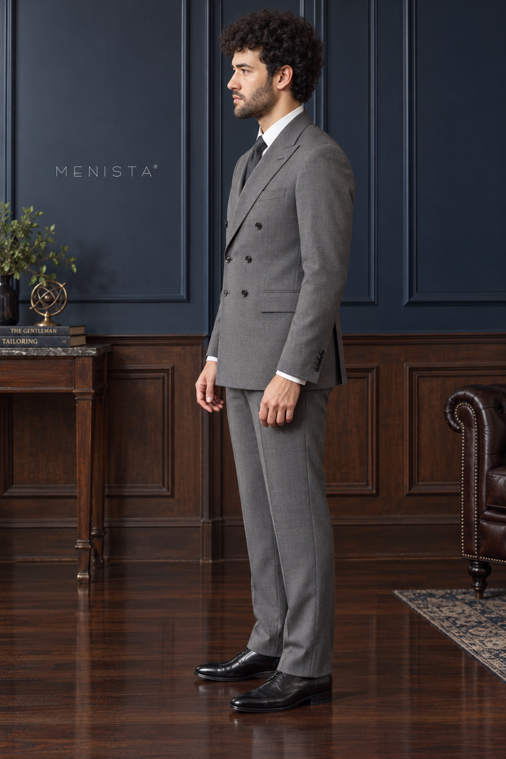 Mercer Steel Grey Pure Wool Worsted Double-Breasted 2PC Suit: side and three-quarter view.