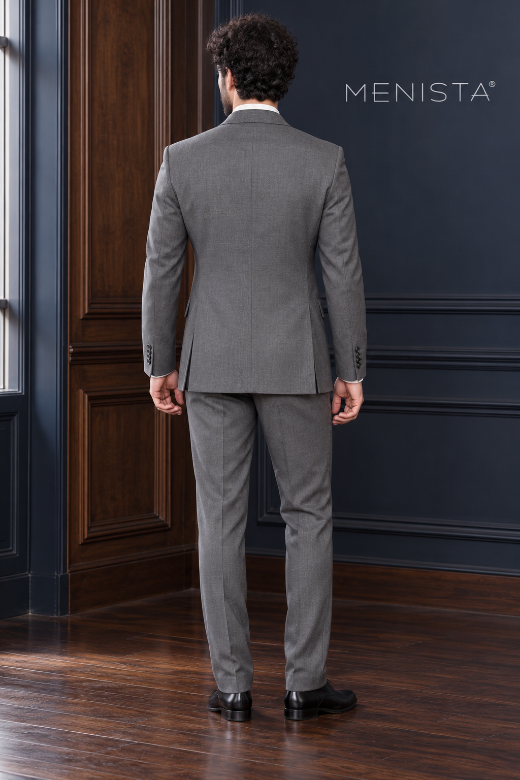 Mercer Steel Grey Pure Wool Worsted Double-Breasted 2PC Suit: full-body back view with double rear vents.