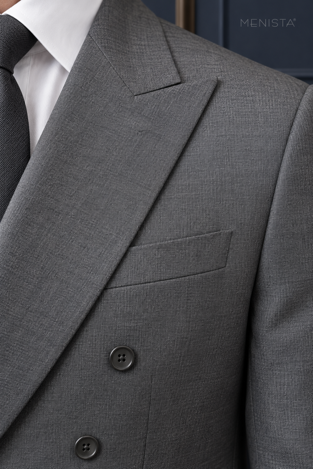 Mercer Steel Grey Pure Wool Worsted Double-Breasted 2PC Suit: tight garment close-up without the face.