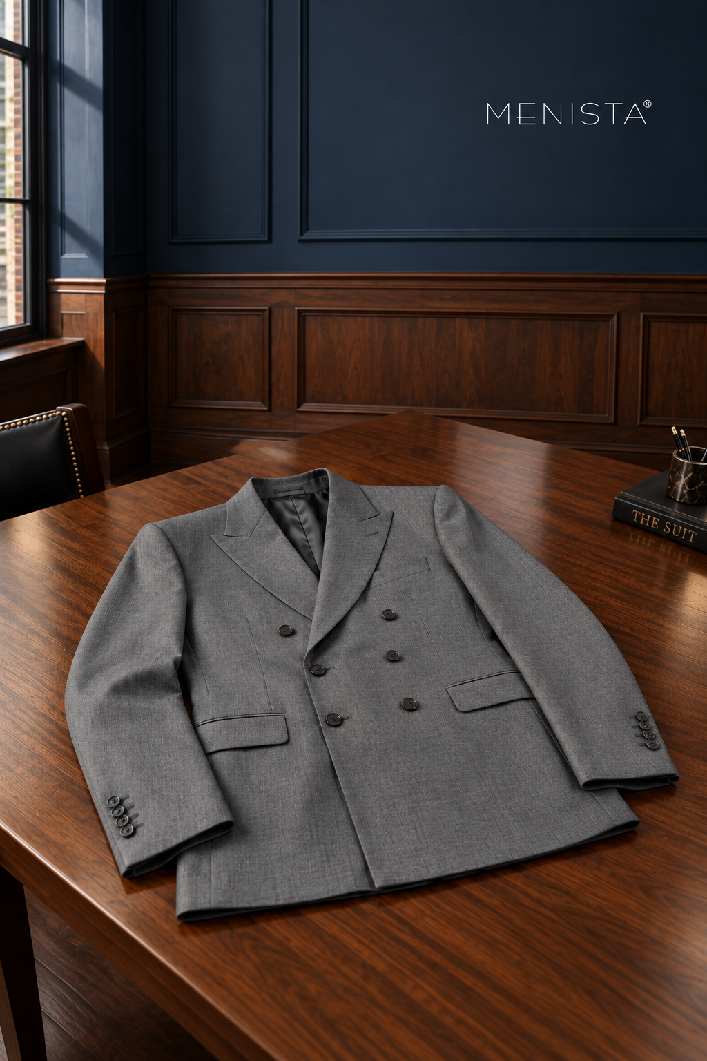 Mercer Steel Grey Pure Wool Worsted Double-Breasted 2PC Suit: jacket-only still life fully supported on a broad flat table.
