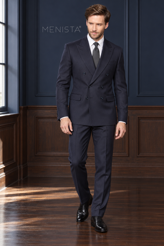 Lennox Deep Navy 100% Wool Stretch Double-Breasted 2PC Suit: full-body front view.