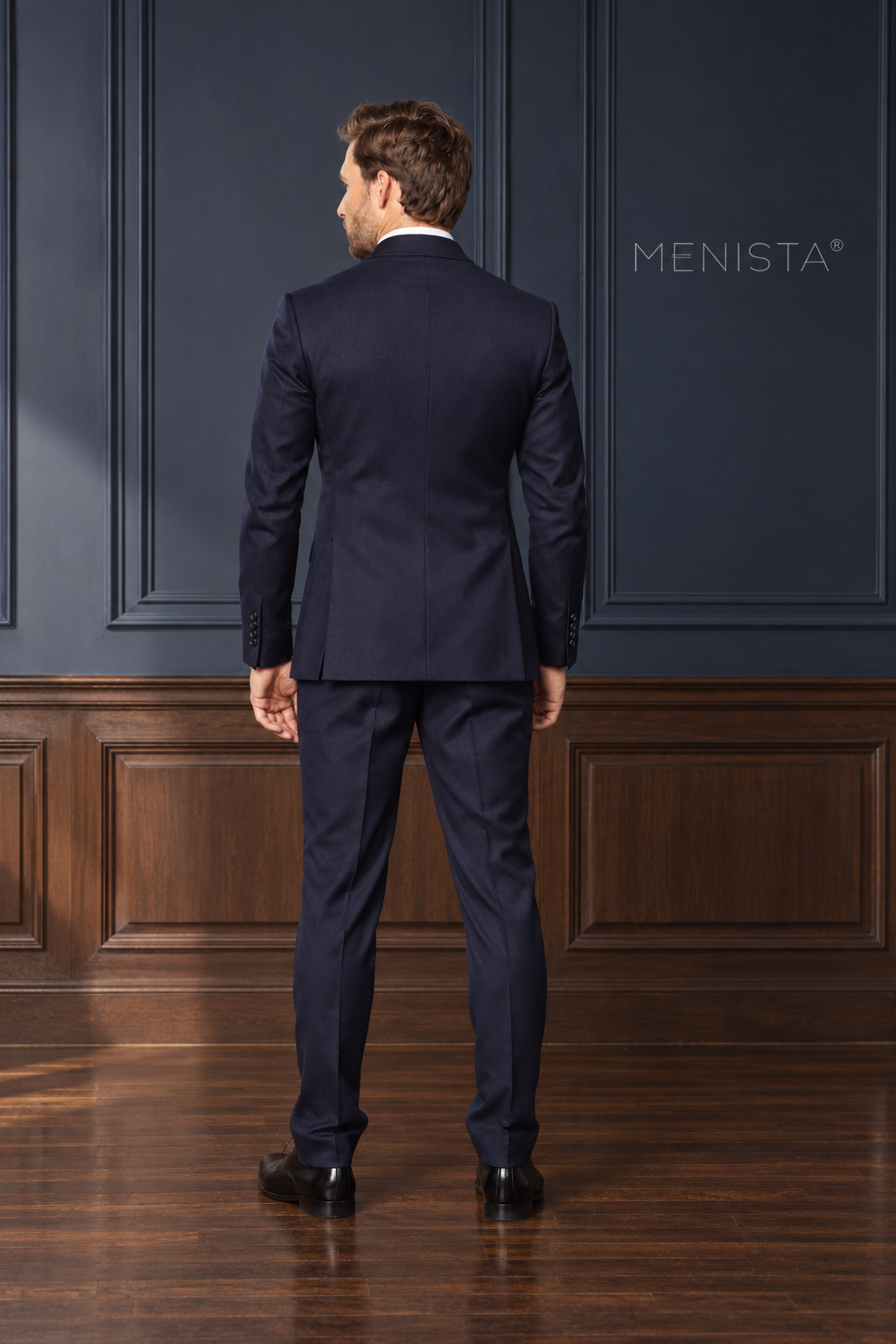 Lennox Deep Navy 100% Wool Stretch Double-Breasted 2PC Suit: full-body back view with double rear vents.