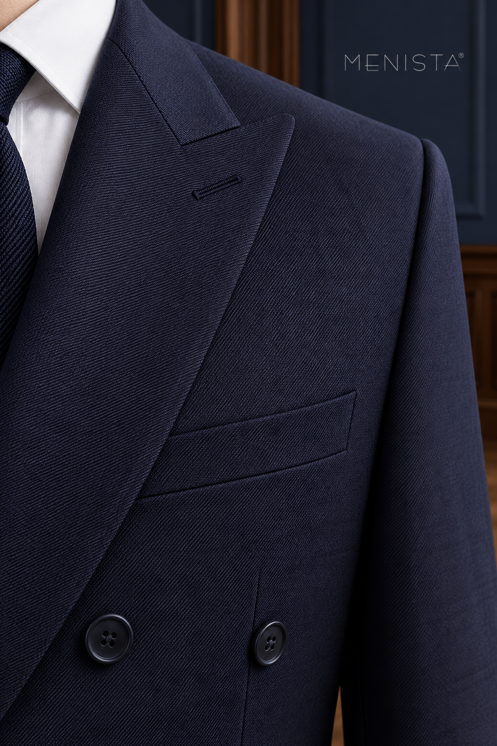 Lennox Deep Navy 100% Wool Stretch Double-Breasted 2PC Suit: tight garment close-up without the face.
