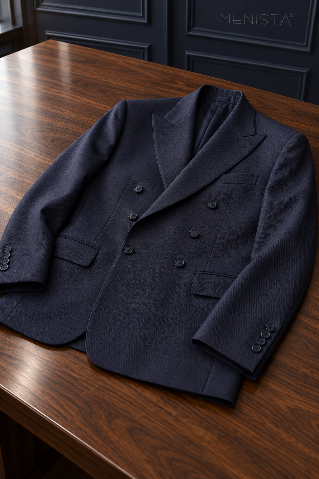 Lennox Deep Navy 100% Wool Stretch Double-Breasted 2PC Suit: jacket-only still life fully supported on a broad flat table.