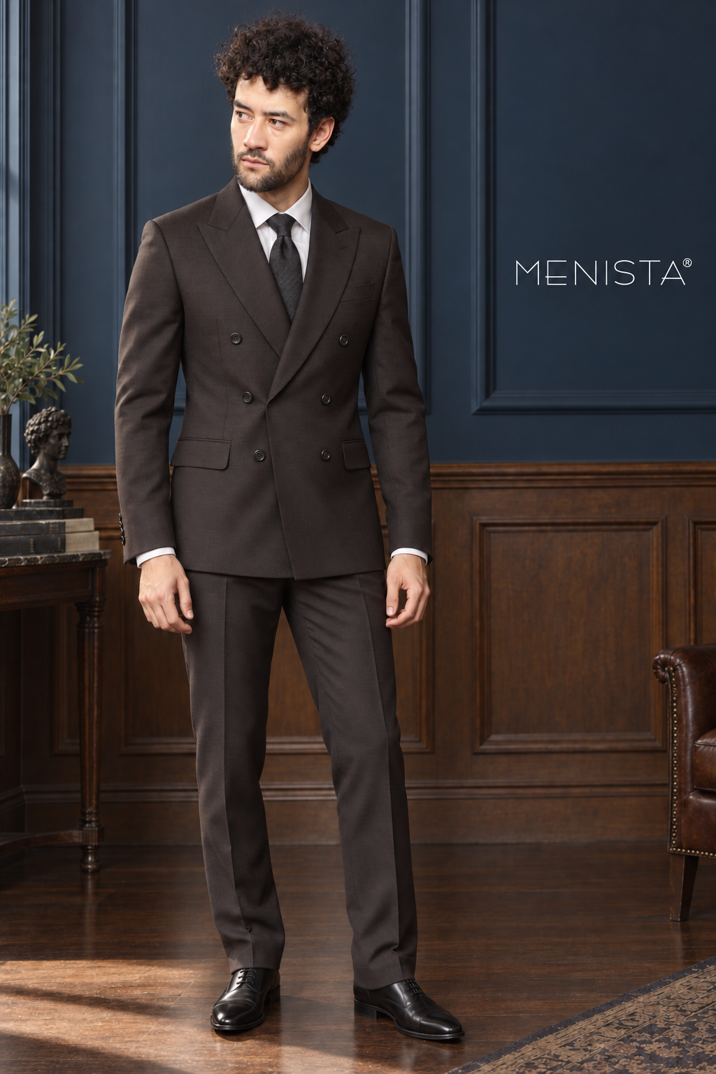 Radcliffe Espresso Brown Stripe Pure Wool Double-Breasted 2PC Suit: full-body front view.