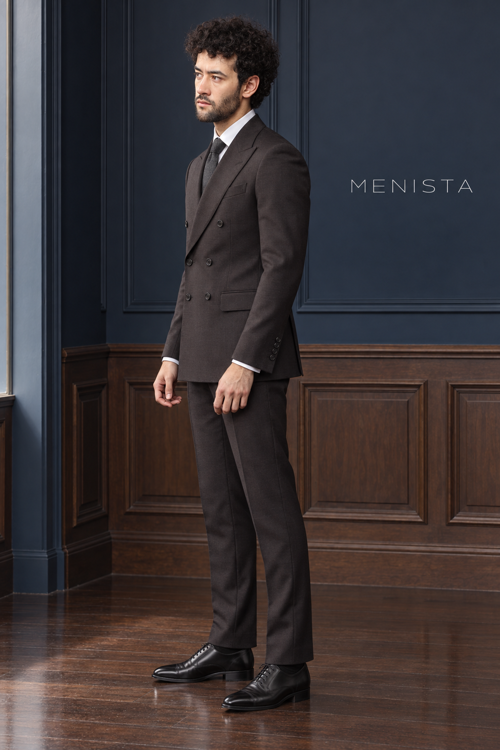 Radcliffe Espresso Brown Stripe Pure Wool Double-Breasted 2PC Suit: side and three-quarter view.