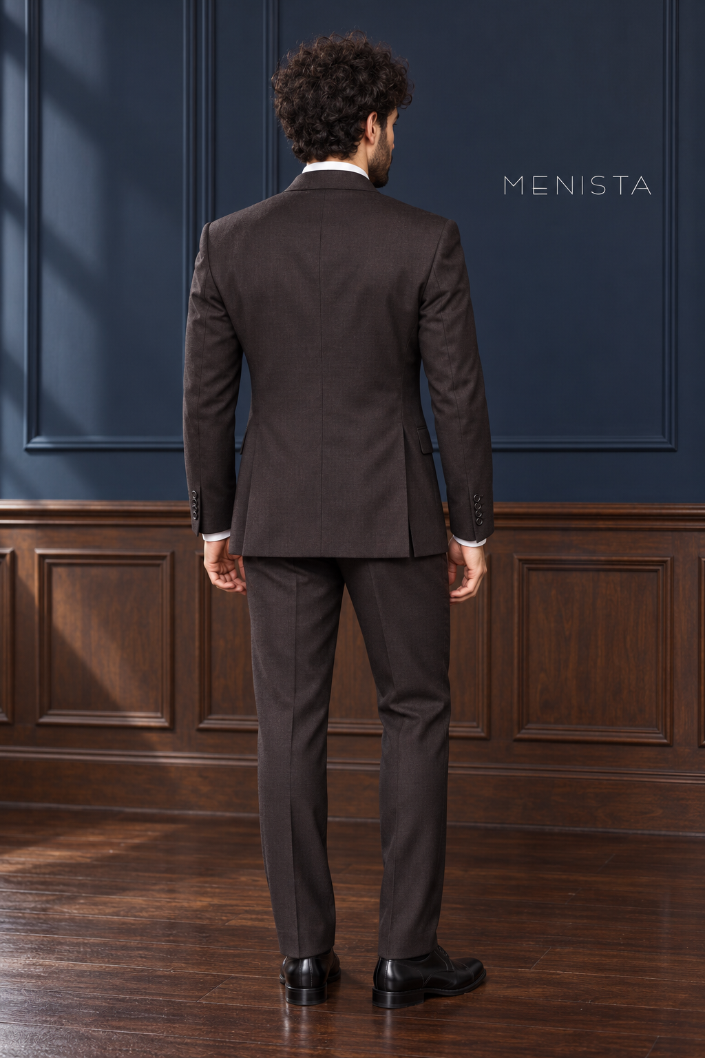 Radcliffe Espresso Brown Stripe Pure Wool Double-Breasted 2PC Suit: full-body back view with double rear vents.