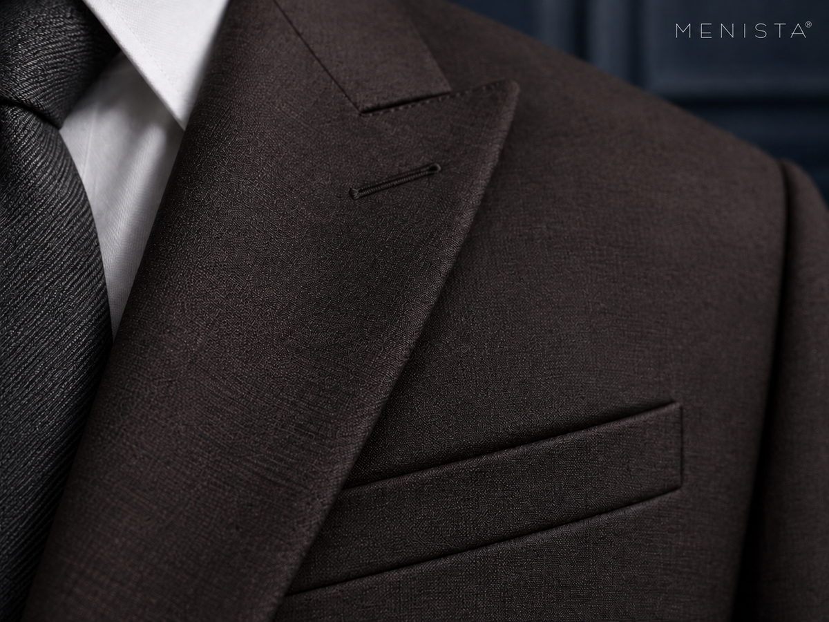 Radcliffe Espresso Brown Stripe Pure Wool Double-Breasted 2PC Suit: tight garment close-up without the face.
