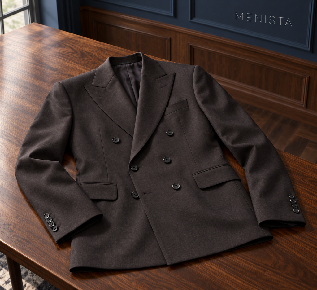 Radcliffe Espresso Brown Stripe Pure Wool Double-Breasted 2PC Suit: jacket-only still life fully supported on a broad flat table.