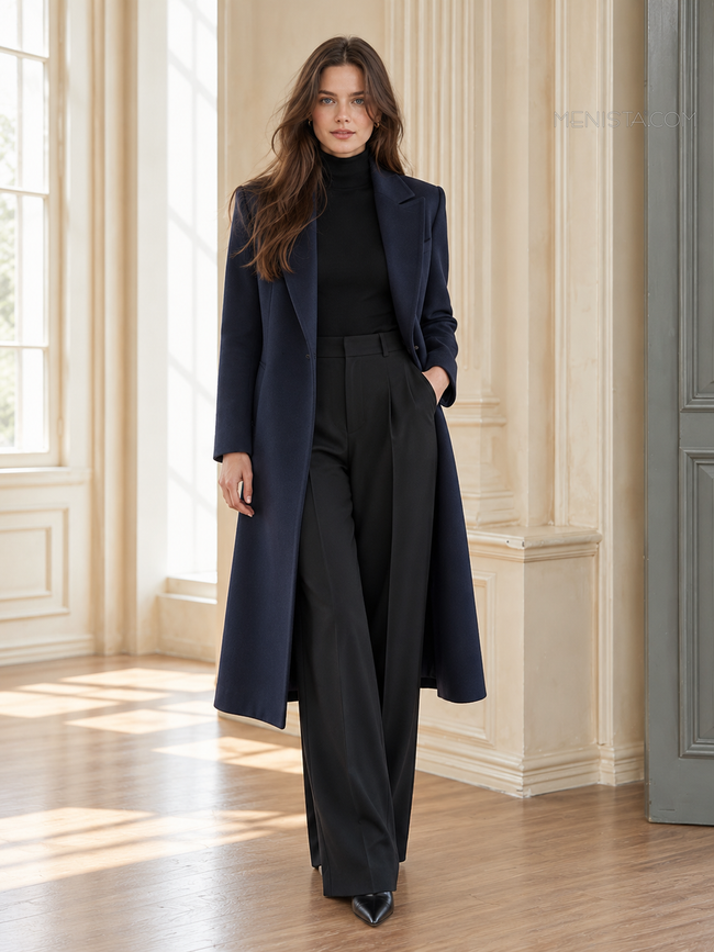 Navy Blue women’s tweed long coat — full-body front.
