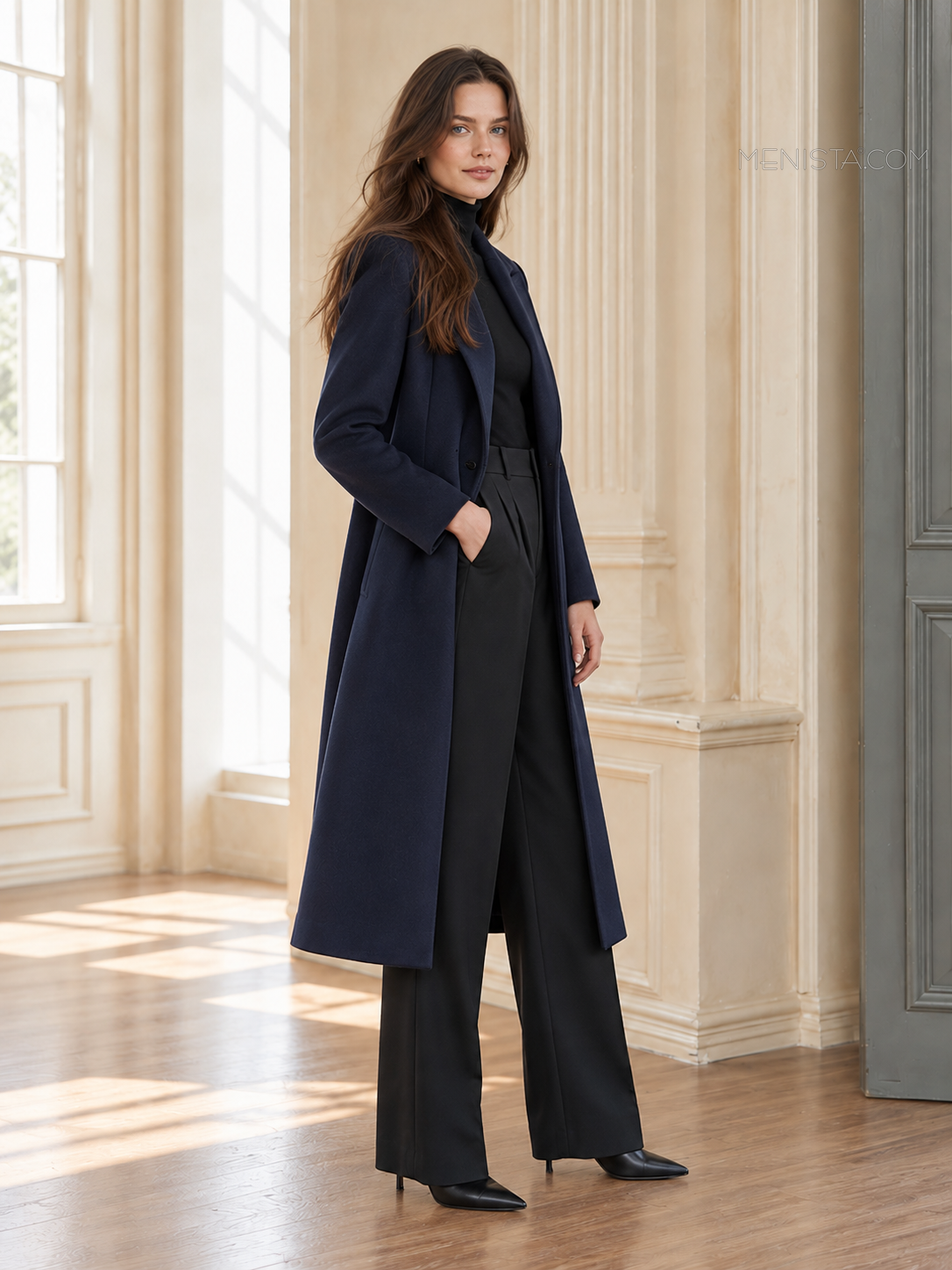 Navy Blue women’s tweed long coat — side / three-quarter.