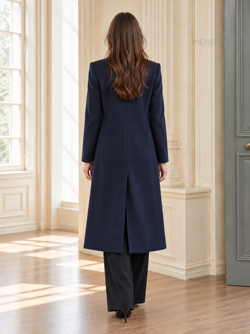 Navy Blue women’s tweed long coat — full-body back.