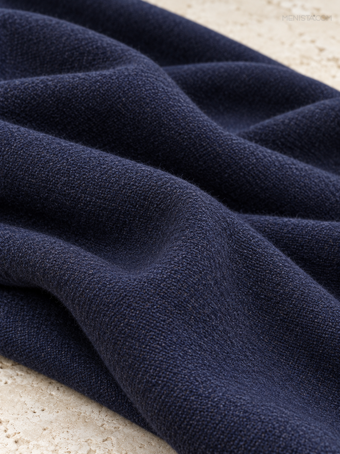 Navy Blue women’s tweed long coat — draped fabric detail.