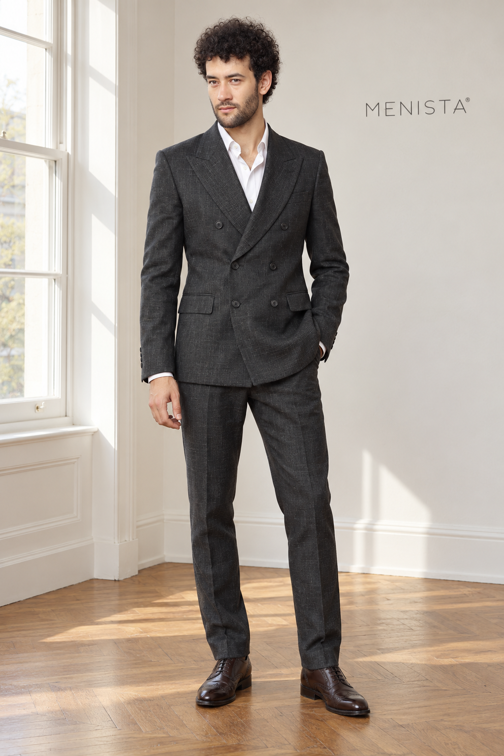 Ombra Dark Charcoal 100% Linen Double-Breasted 2PC Suit — full-body front view