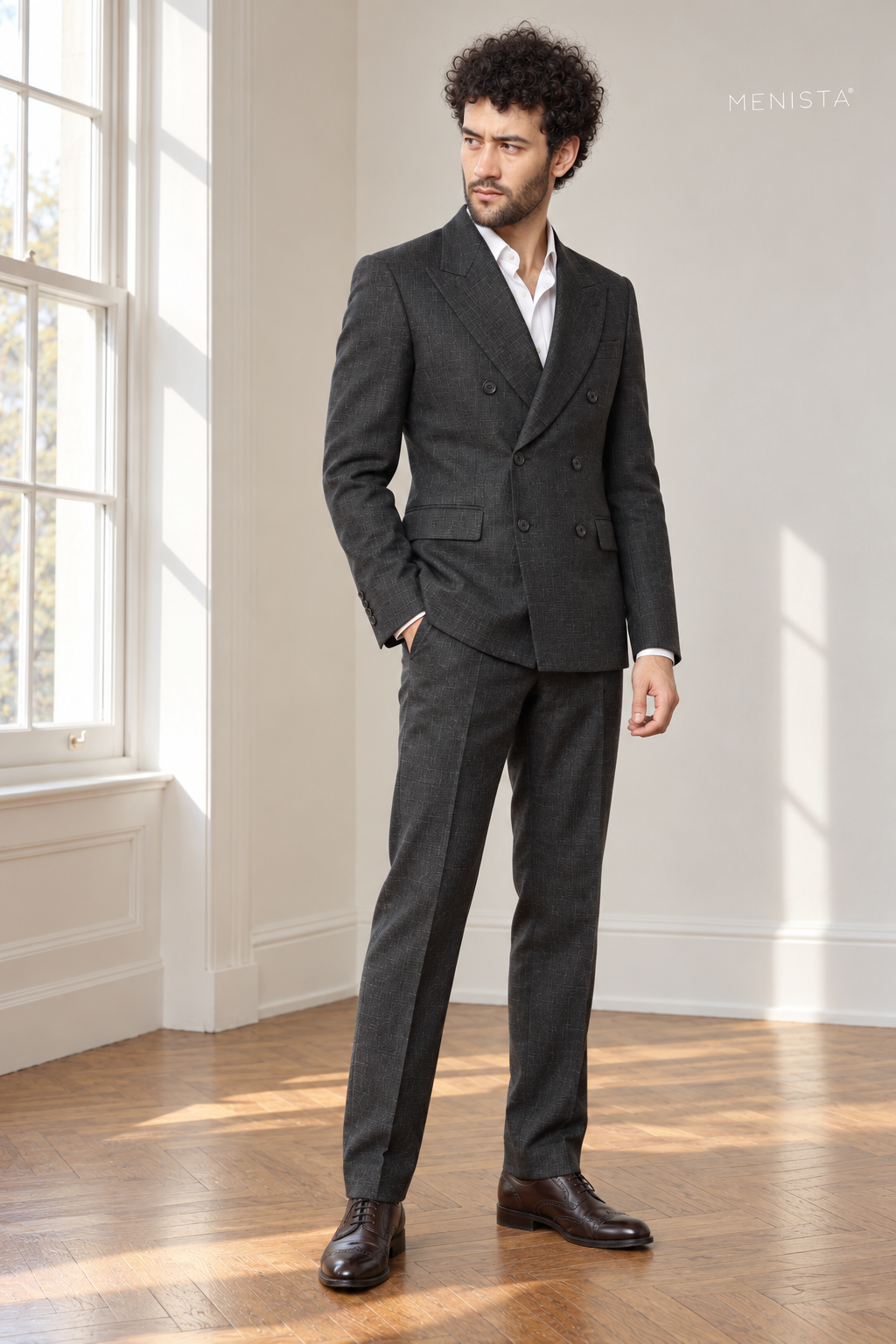 Ombra Dark Charcoal 100% Linen Double-Breasted 2PC Suit — side and three-quarter view showing drape