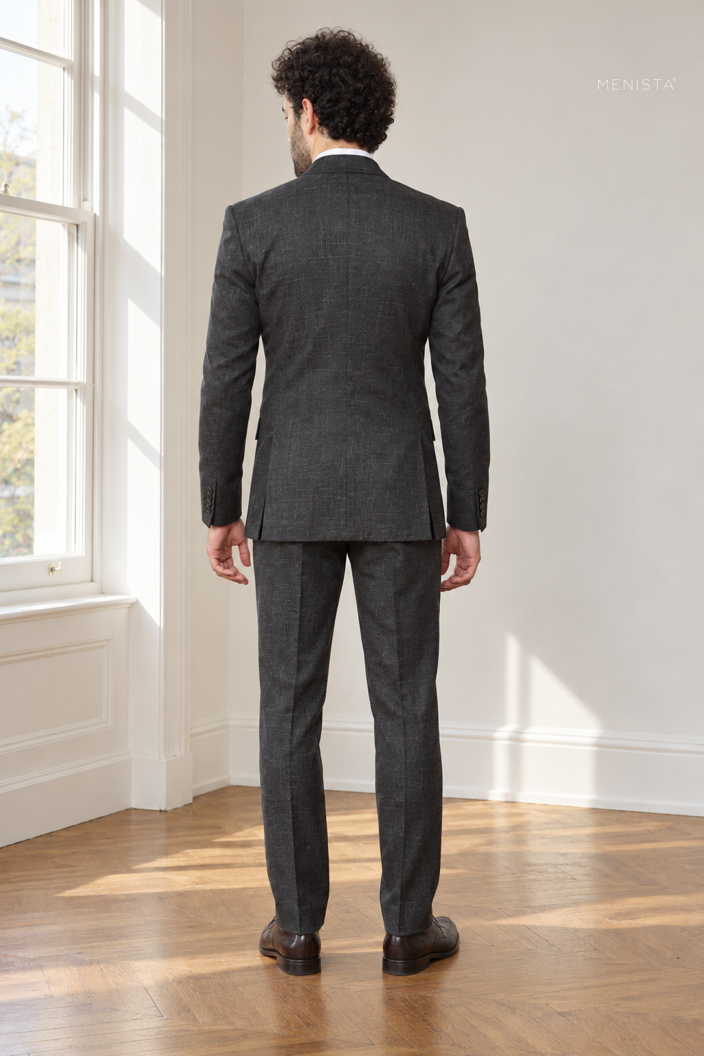 Ombra Dark Charcoal 100% Linen Double-Breasted 2PC Suit — full-body back view showing double vents