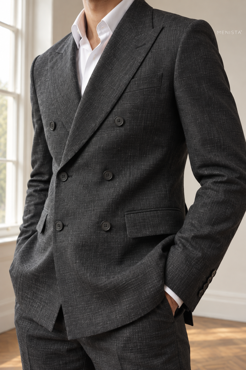 Ombra Dark Charcoal 100% Linen Double-Breasted 2PC Suit — close-up of linen weave, lapels and buttons