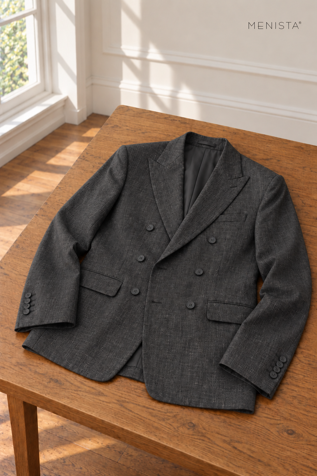 Ombra Dark Charcoal 100% Linen Double-Breasted 2PC Suit — jacket resting naturally on a flat surface