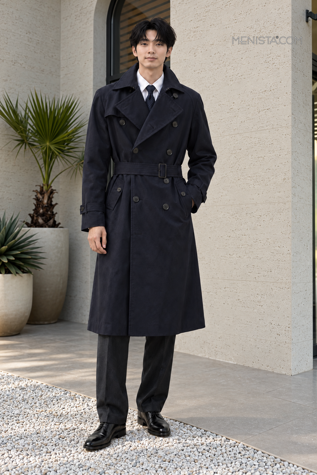 Front view of the Renwick Deep Navy Wool Blend Belted Trench Coat.