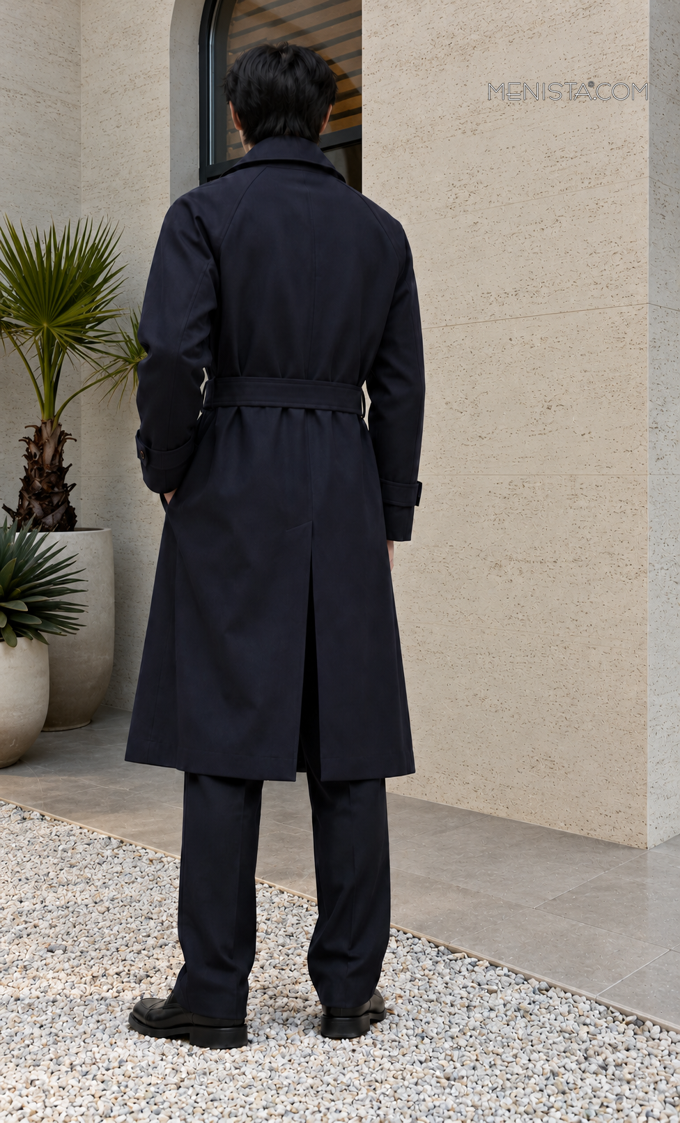 Full back view with a smooth back and waist belt of the Renwick Deep Navy Wool Blend Belted Trench Coat.