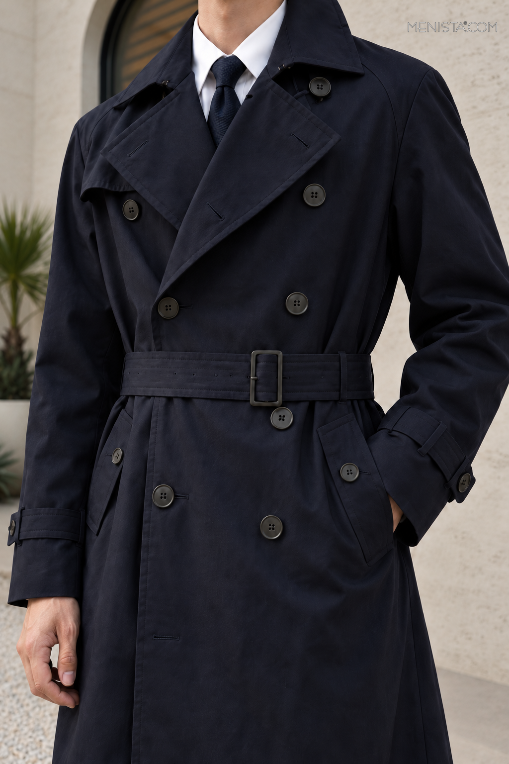 Close-up of collar, cuff tab, buttons and belt buckle of the Renwick Deep Navy Wool Blend Belted Trench Coat.