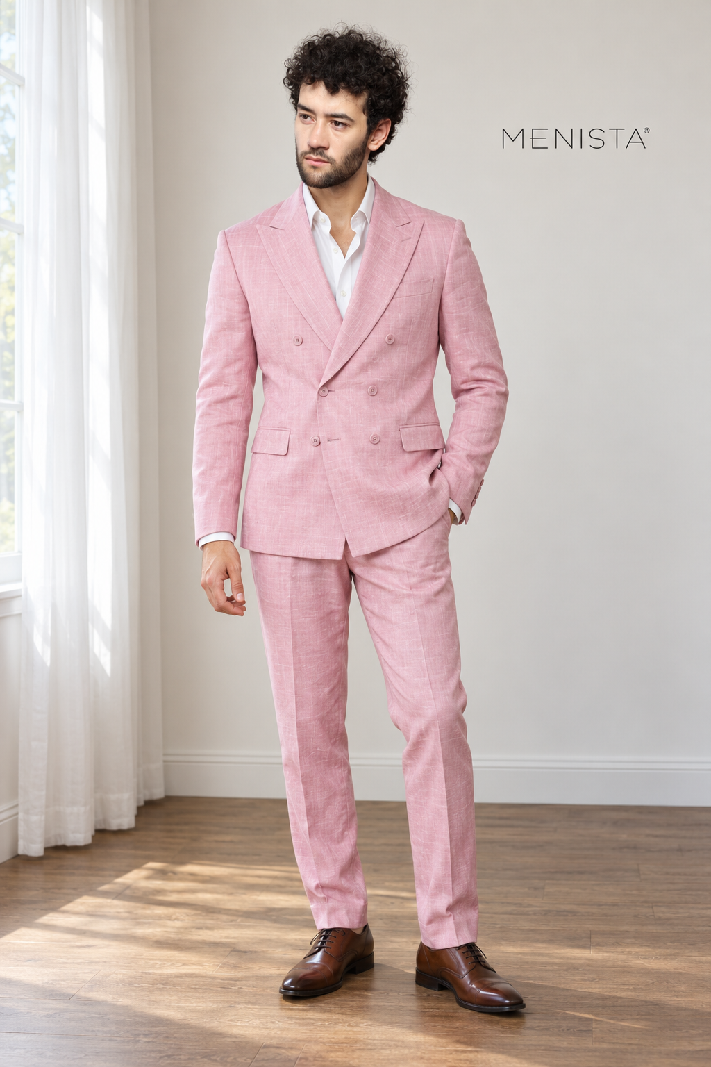 Rosato Cherry Blossom Pink 100% Linen Double-Breasted 2PC Suit — full-body front view