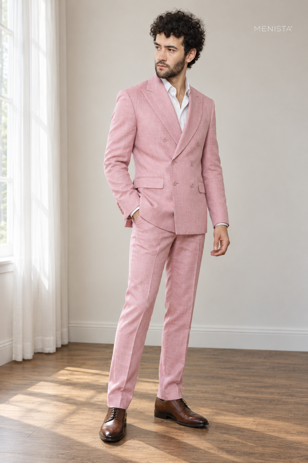 Rosato Cherry Blossom Pink 100% Linen Double-Breasted 2PC Suit — side and three-quarter view showing drape