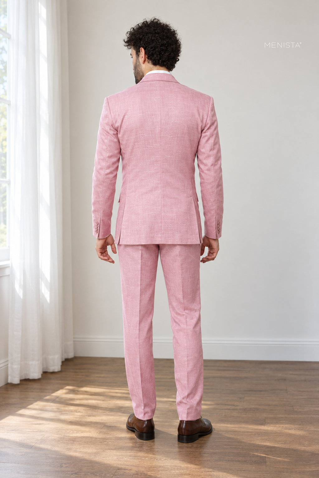 Rosato Cherry Blossom Pink 100% Linen Double-Breasted 2PC Suit — full-body back view showing double vents