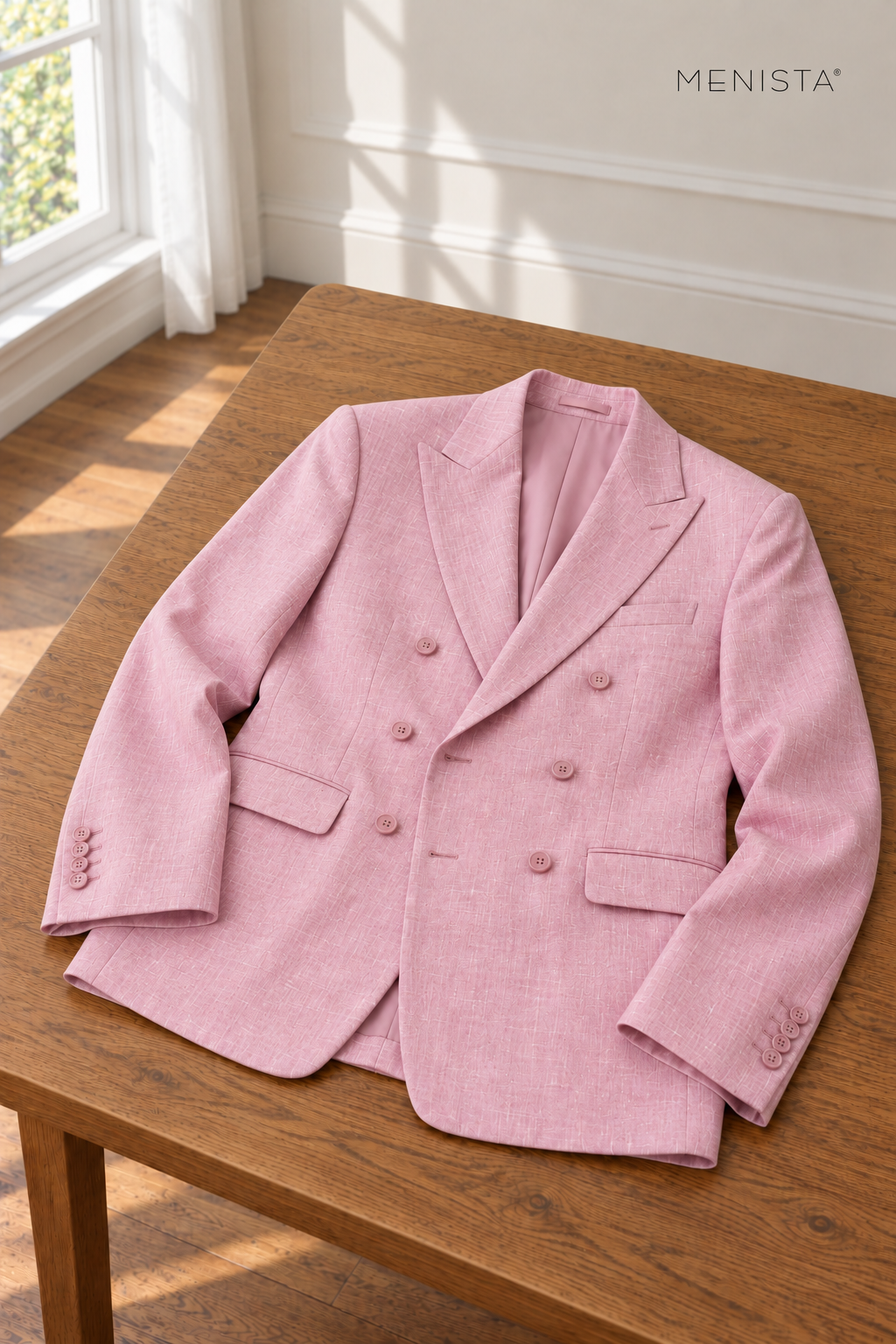 Rosato Cherry Blossom Pink 100% Linen Double-Breasted 2PC Suit — jacket resting naturally on a flat surface