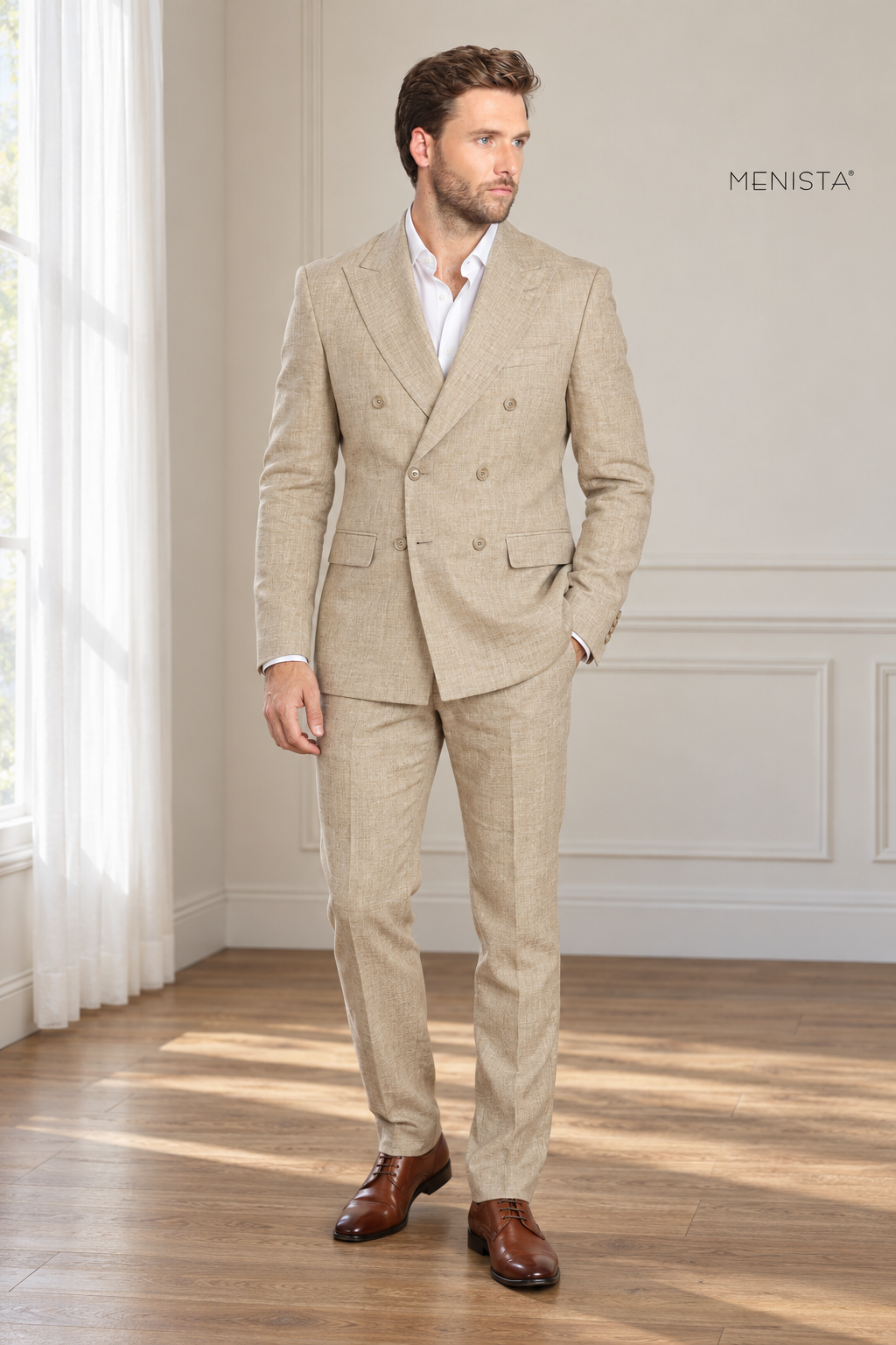 Sabbia Natural Beige 100% Linen Double-Breasted 2PC Suit — full-body front view