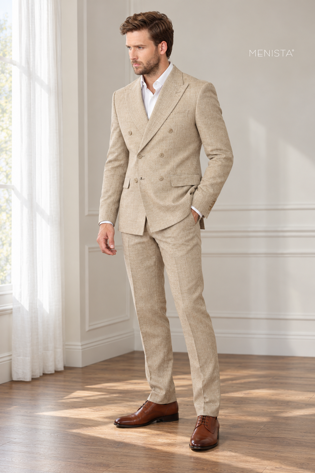 Sabbia Natural Beige 100% Linen Double-Breasted 2PC Suit — side and three-quarter view showing drape