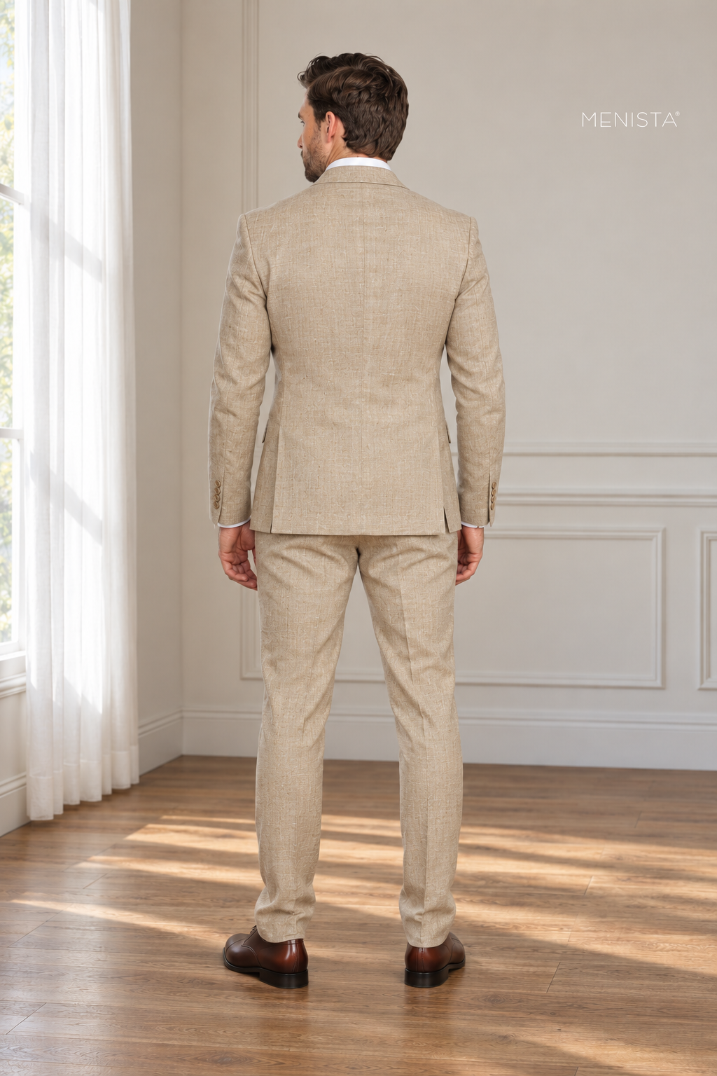 Sabbia Natural Beige 100% Linen Double-Breasted 2PC Suit — full-body back view showing double vents