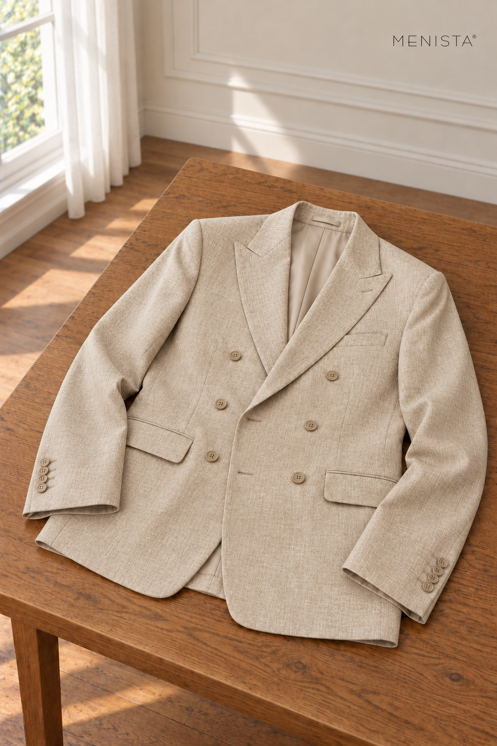 Sabbia Natural Beige 100% Linen Double-Breasted 2PC Suit — jacket resting naturally on a flat surface