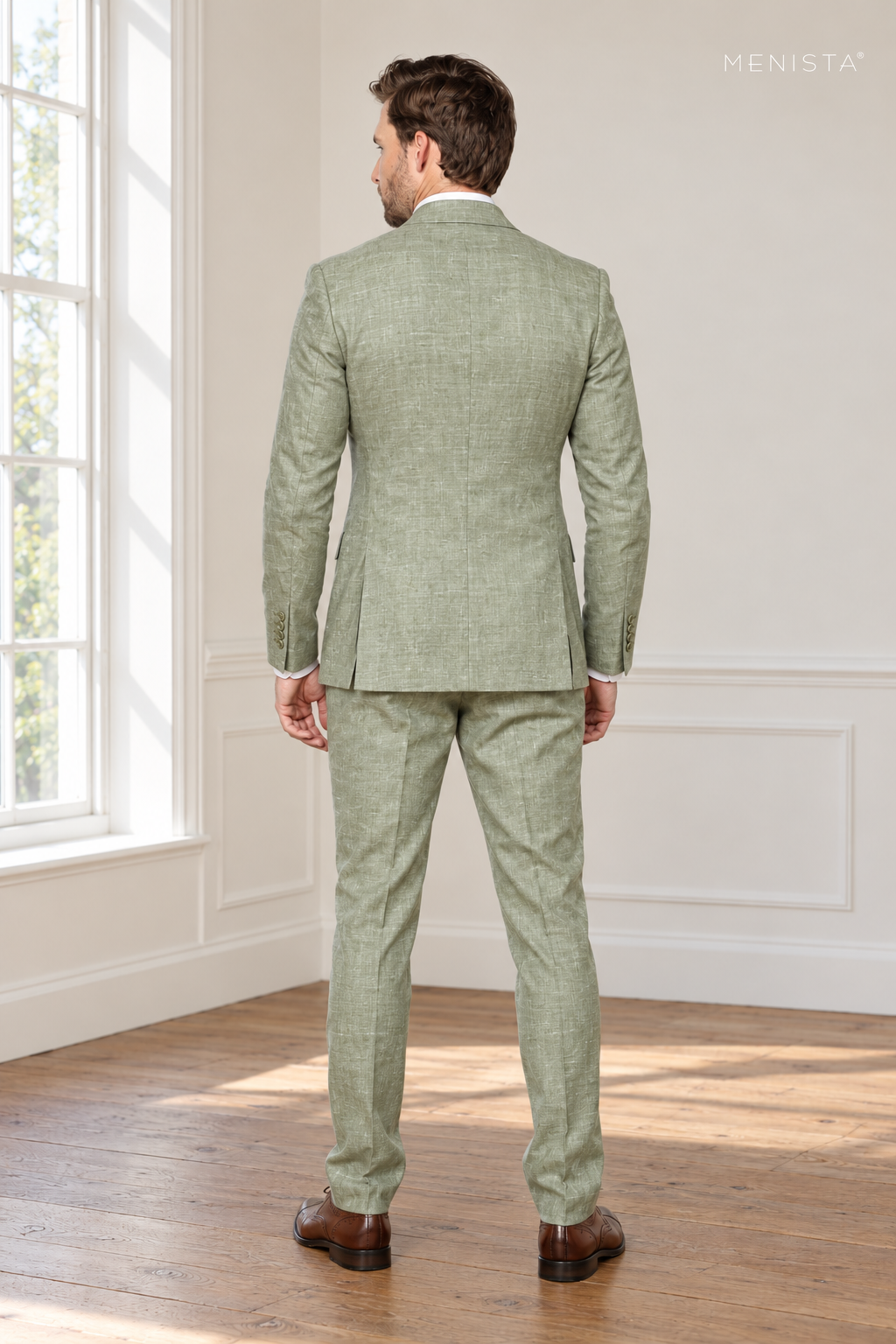 Salvia Sage Mist 100% Linen Double-Breasted 2PC Suit — full-body back view showing double vents