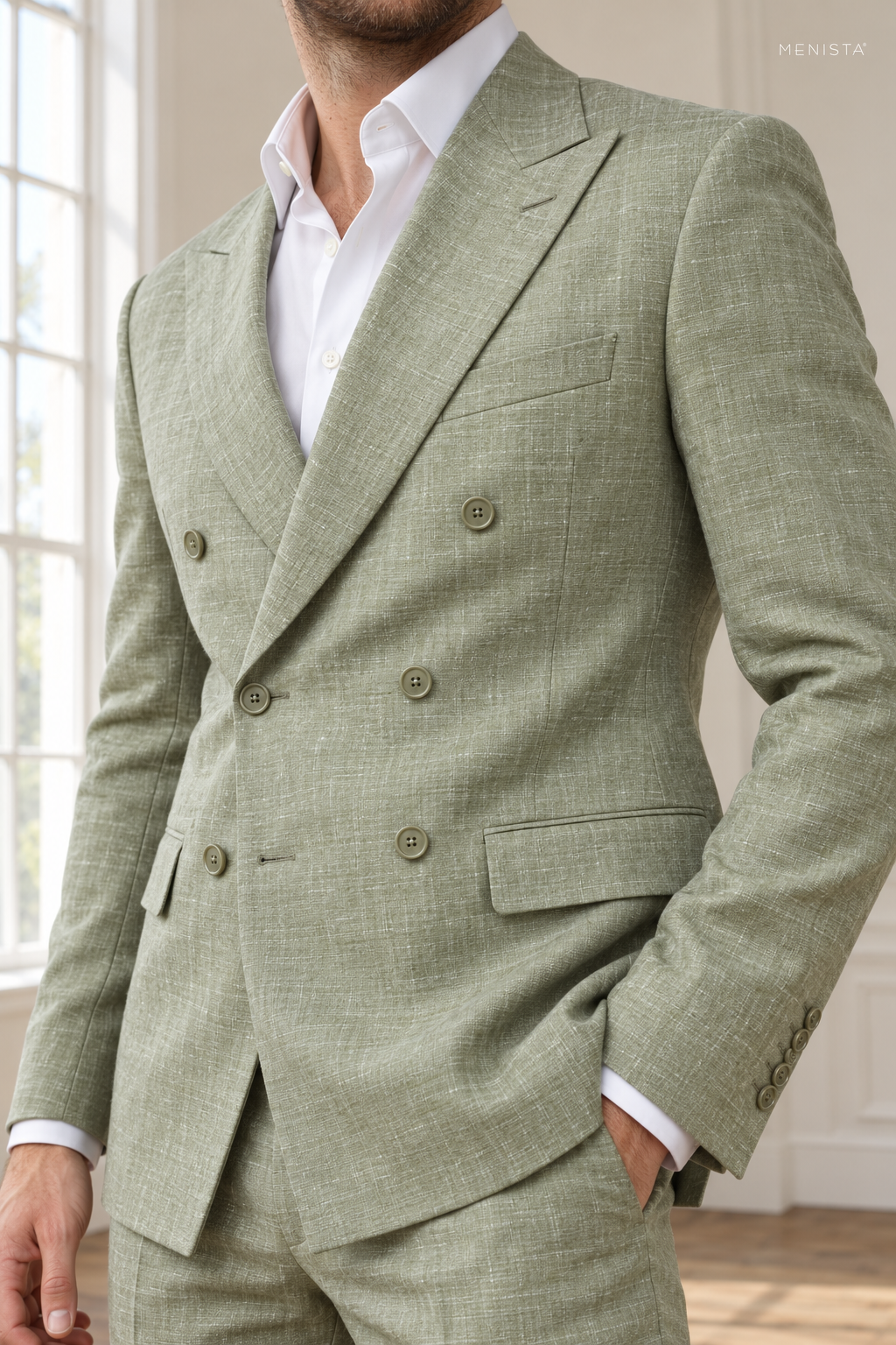 Salvia Sage Mist 100% Linen Double-Breasted 2PC Suit — close-up of linen weave, lapels and buttons