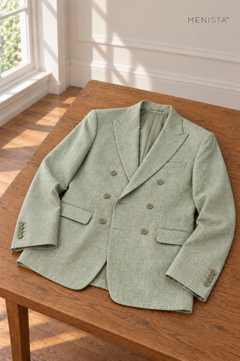 Salvia Sage Mist 100% Linen Double-Breasted 2PC Suit — jacket resting naturally on a flat surface