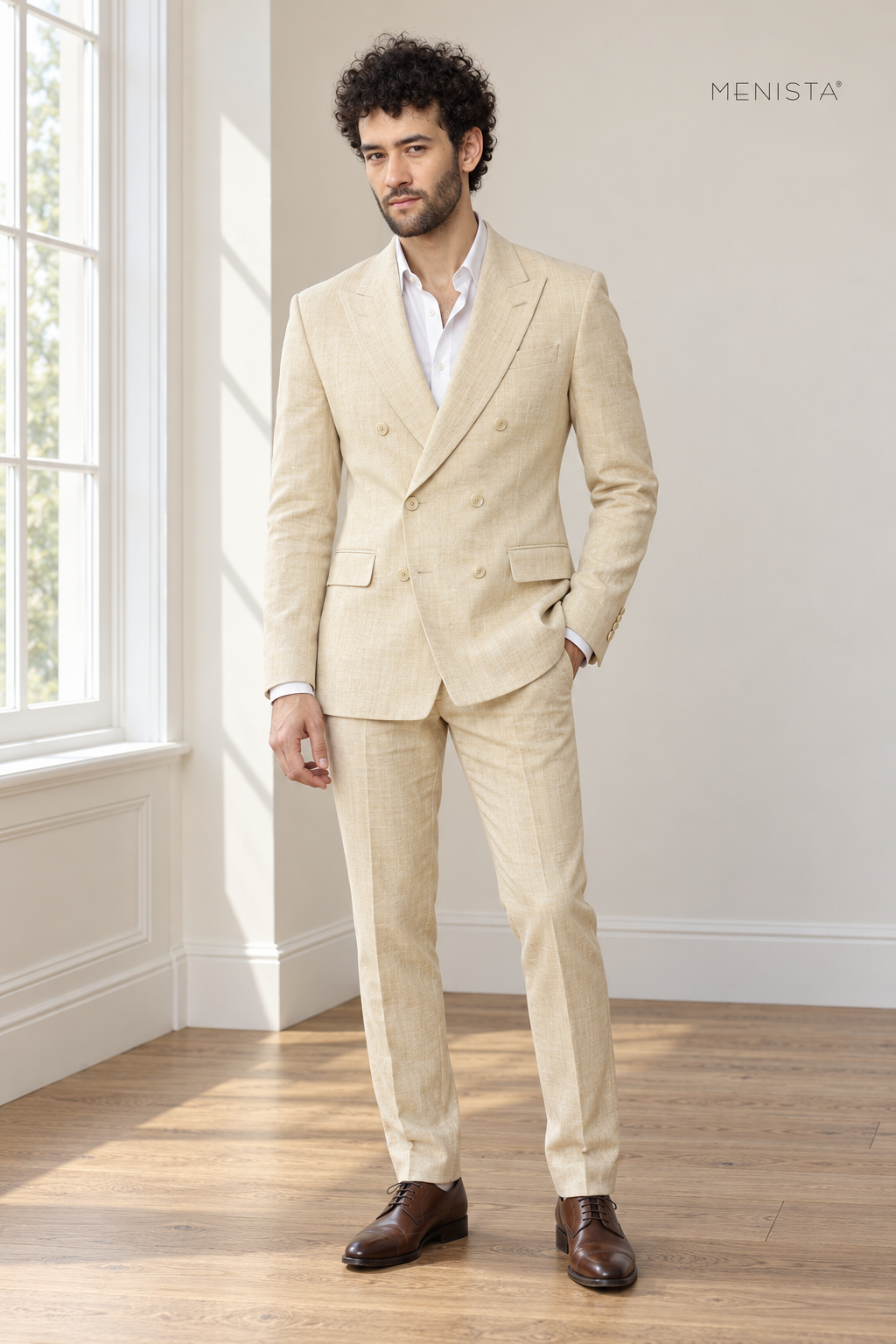 Solaro Light Cream 100% Linen Double-Breasted 2PC Suit — full-body front view