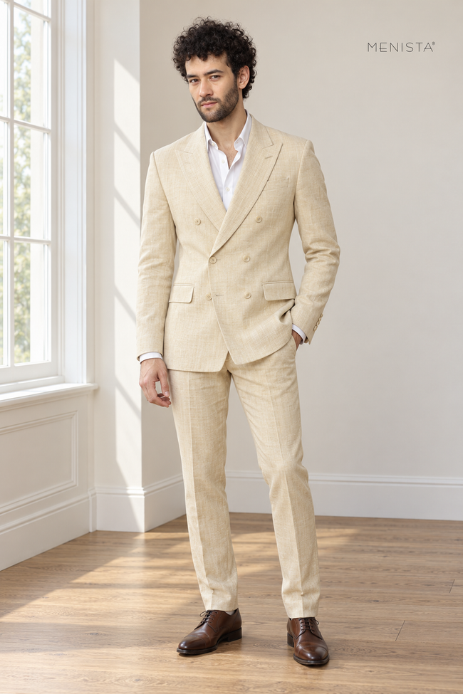 Solaro Light Cream 100% Linen Double-Breasted 2PC Suit — full-body front view