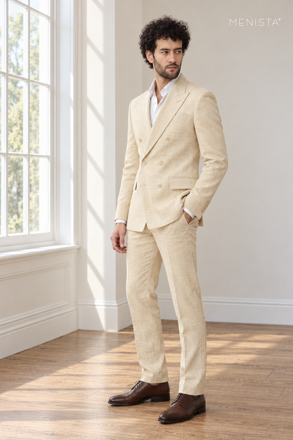 Solaro Light Cream 100% Linen Double-Breasted 2PC Suit — side and three-quarter view showing drape