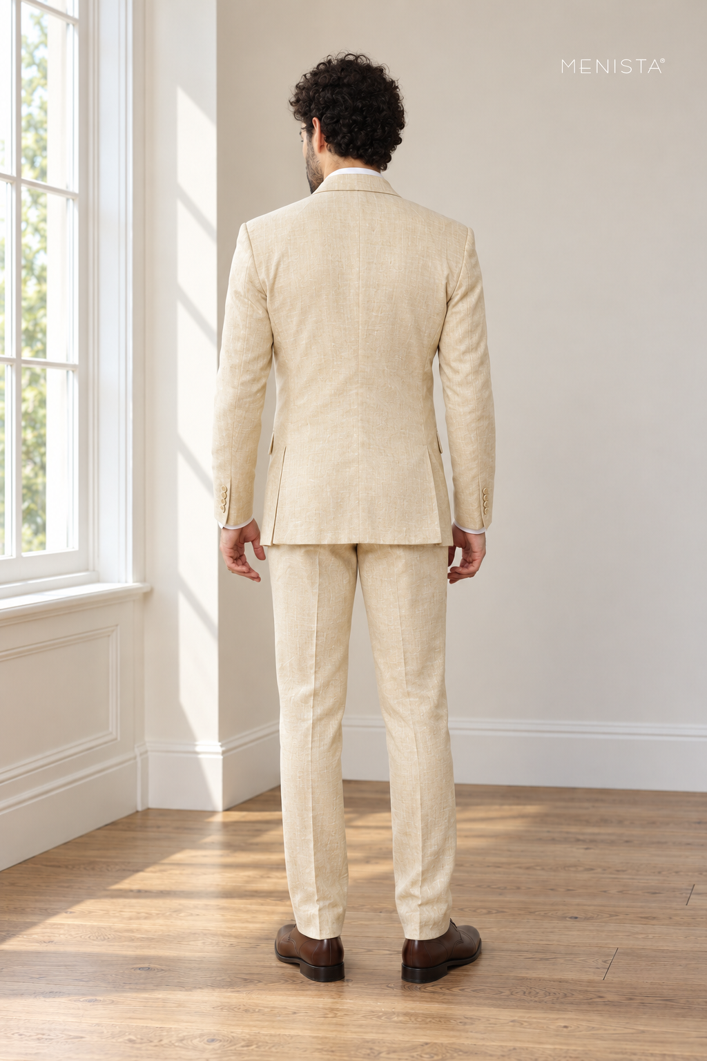 Solaro Light Cream 100% Linen Double-Breasted 2PC Suit — full-body back view showing double vents